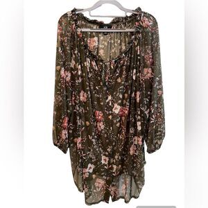 AGB Woman Floral Long Sleeve Semi Sheer Blouse Olive‎ Green & Orange Size XXL